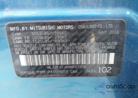 2017 Mitsubishi Mirage G4 Es from USA, damaged, VIN ML32F3FJXHHF07256